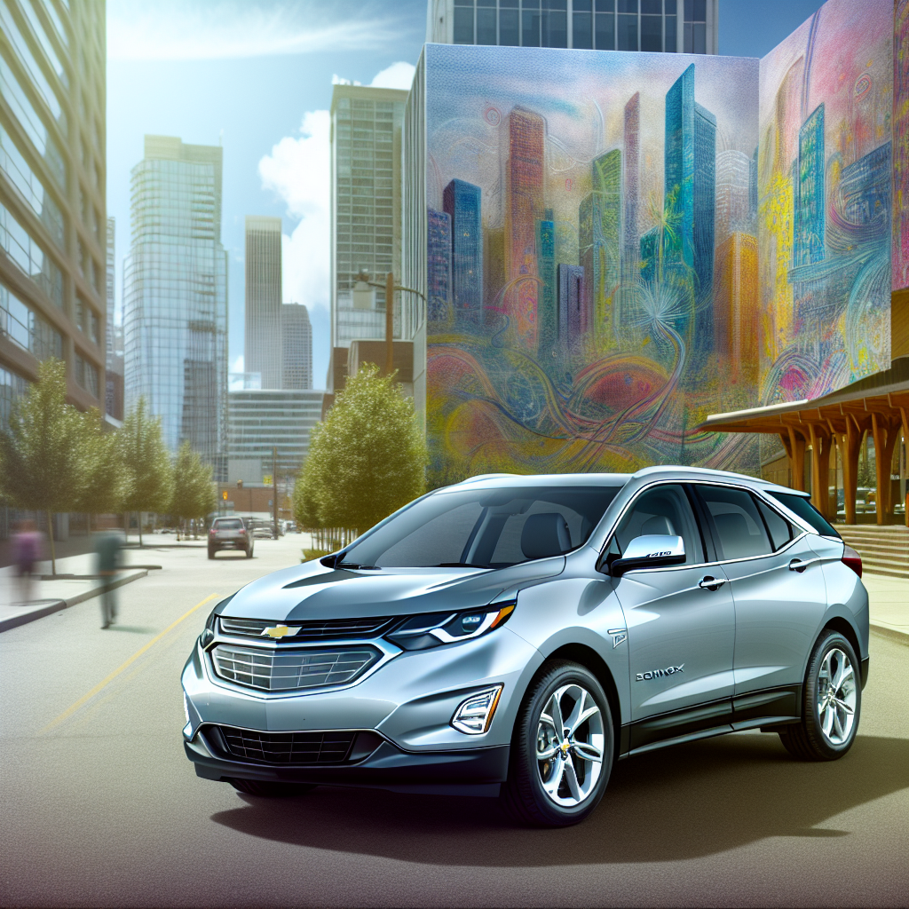Chevy Equinox EV parked in an urban setting with a modern city backdrop.
