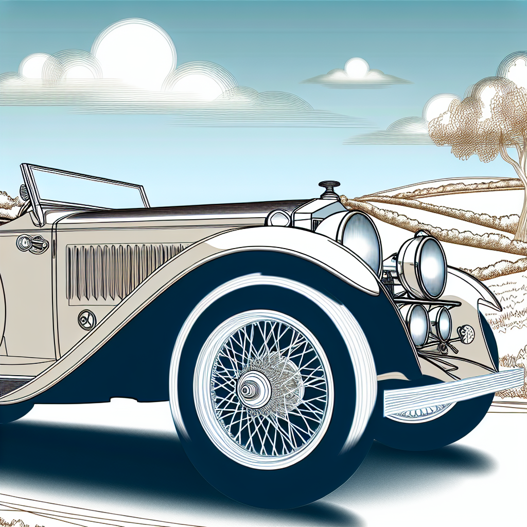 A classic car showcasing elegant wire wheels on a scenic road, illustrating vintage automotive design.