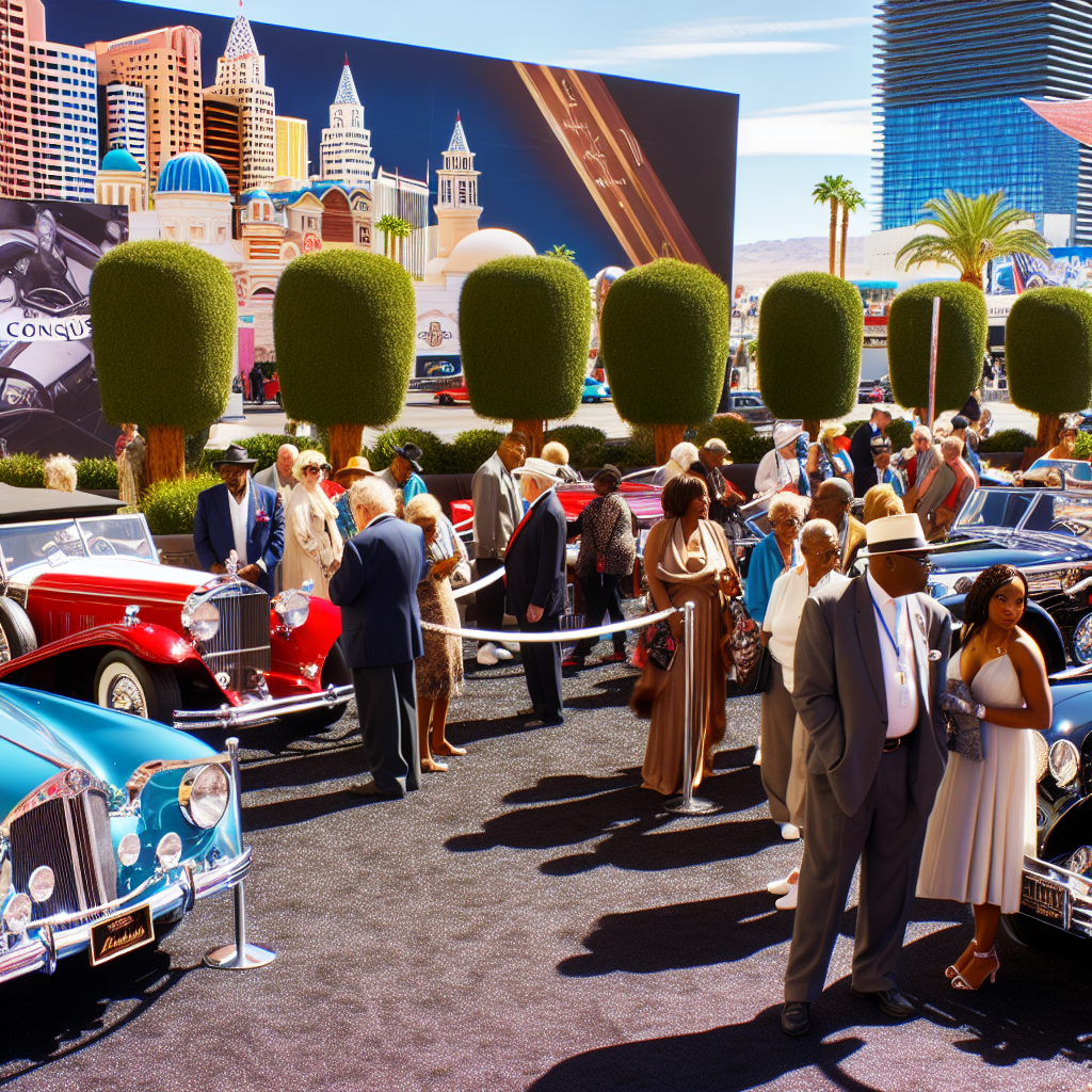 A vibrant scene from the Las Vegas Concours showcasing vintage cars