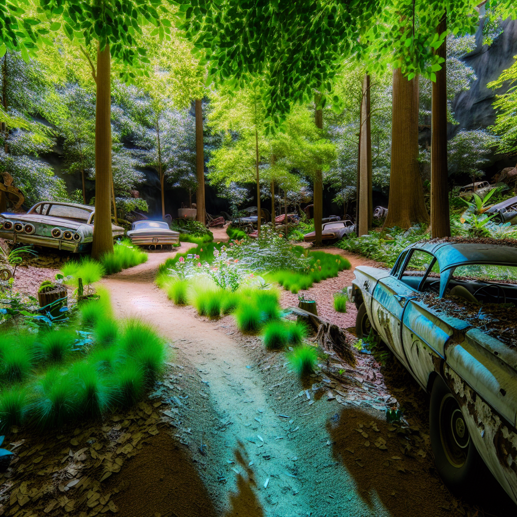 An image showcasing the nature trails within Old Car City, illustrating the blend of automotive history and natural beauty with trails surrounded by classic cars and lush greenery