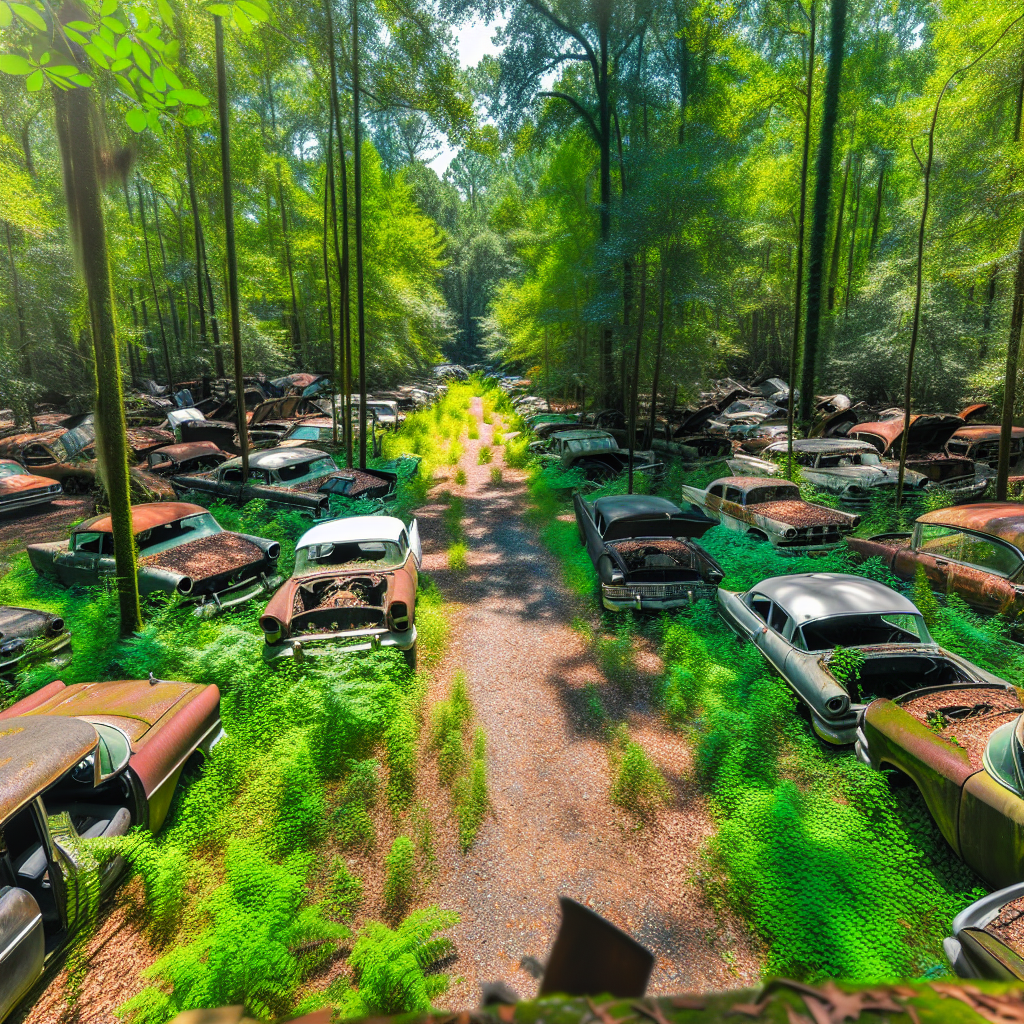 A panoramic view of Old Car City showcasing its collection of classic cars and nature trails
