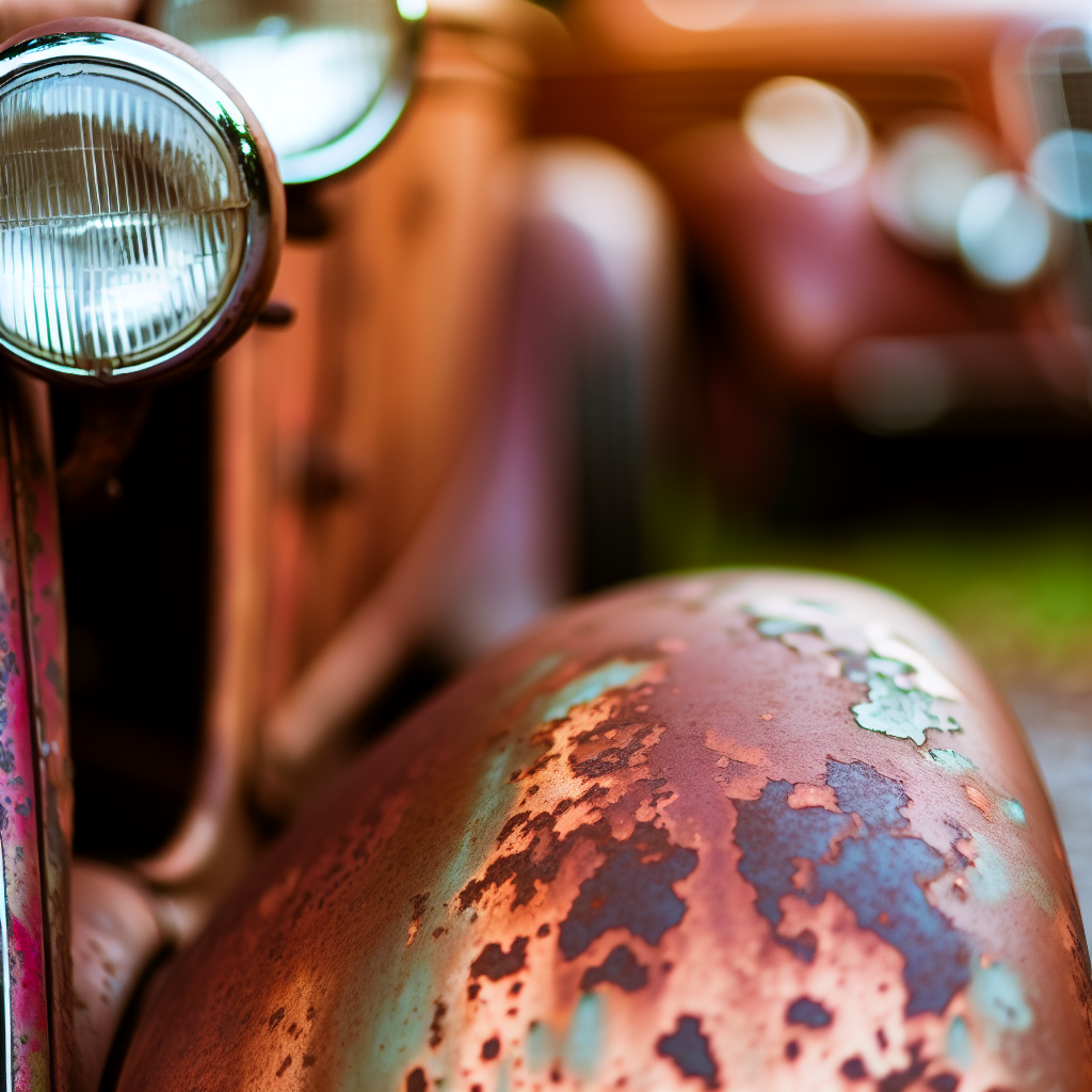 A close-up view of rusted classic cars, showcasing intricate details like peeling paint and rust textures