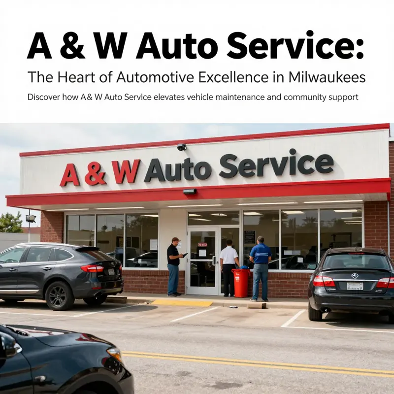 Wide-angle view of A & W Auto Service's exterior, illustrating a busy auto repair shop with customers and vehicles.