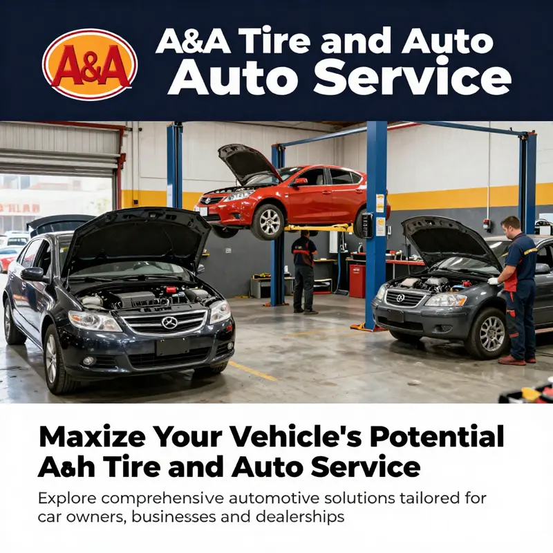 A panoramic view of A&A Tire and Auto Service showing mechanics and vehicles, showcasing the facility's commitment to automotive care.