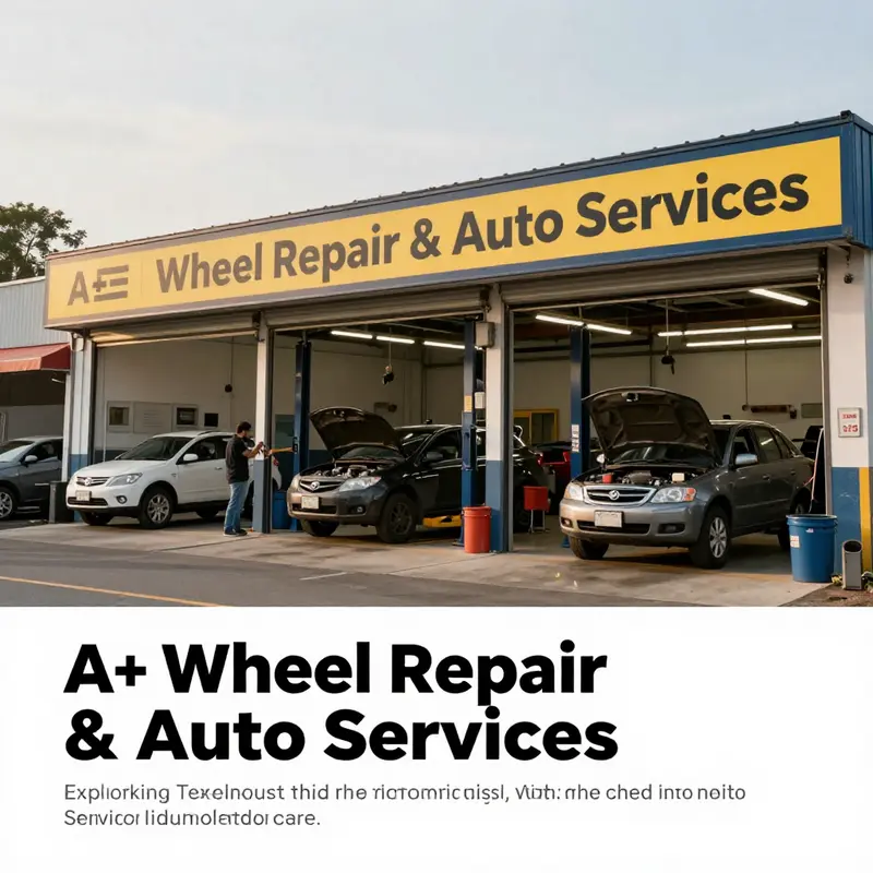 A photo of A+ Alloy Wheel Repair showing busy technicians, customers interacting, and an array of vehicles under service.