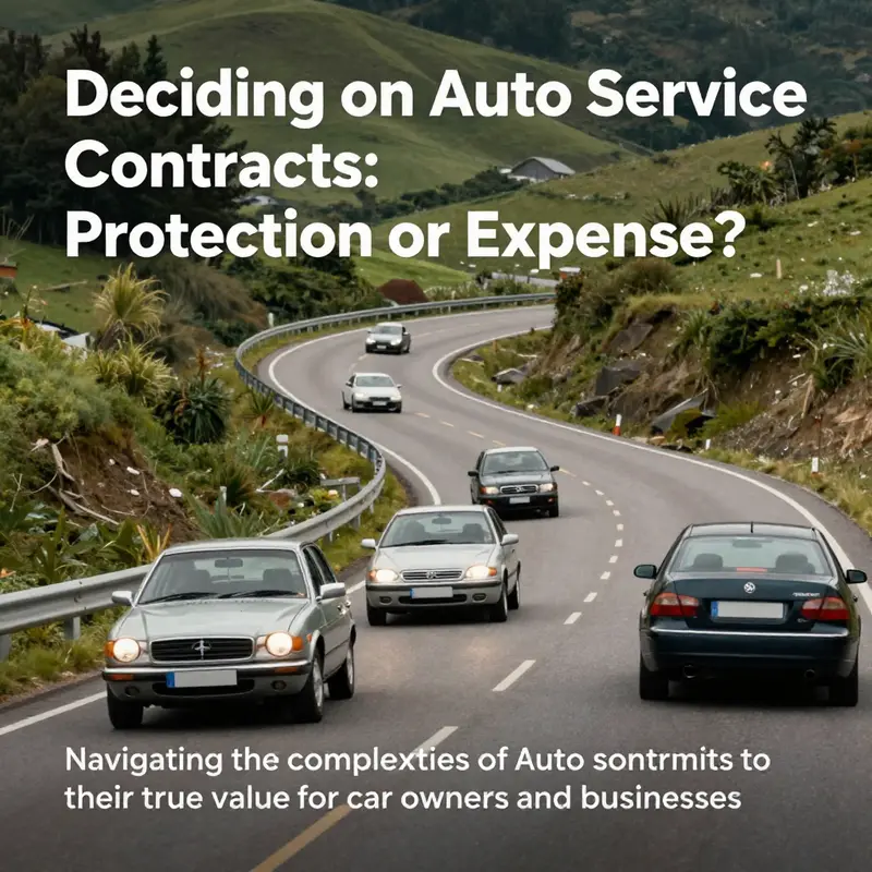 A winding road lined with multiple cars of different ages, signifying the diverse experiences of vehicle ownership and service contract considerations.