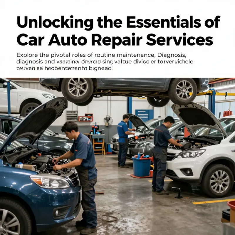 A photograph of a car repair shop with mechanics servicing multiple vehicles, highlighting the variety of automotive repair services available.