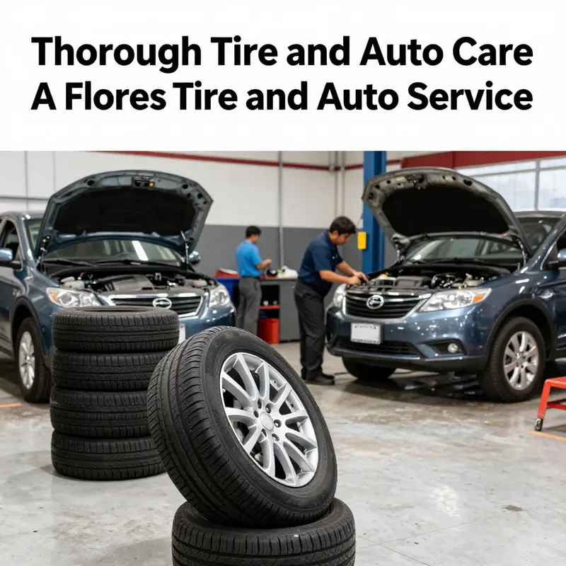 A vibrant image of A Flores Tire and Auto Service showing multiple cars under maintenance.