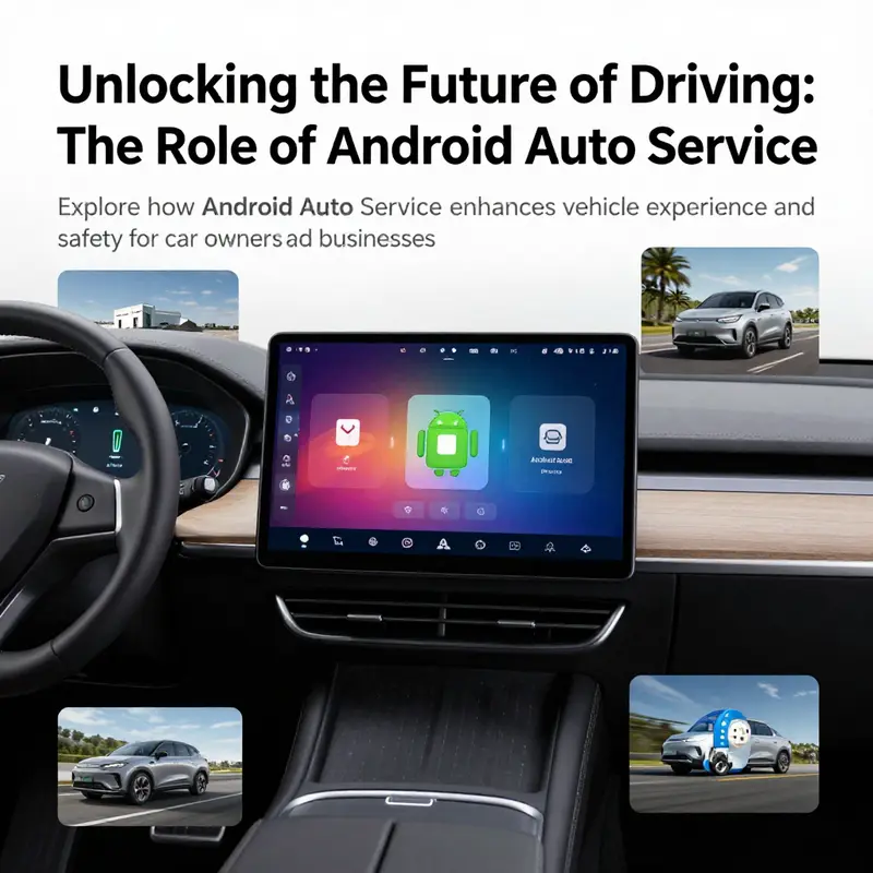 A modern car interior featuring an Android Auto interface on the dashboard with assorted symbols of mobility and technology.