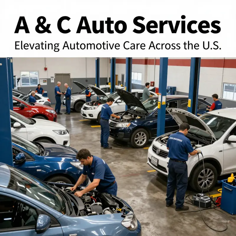 A bustling scene at A & C Auto Services, featuring technicians engaged in repairs and satisfied customers interacting.