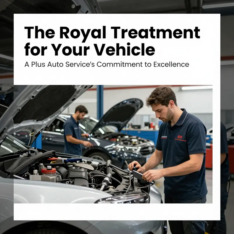 A panoramic view of the A Plus Auto Service workshop with technicians attending to vehicles, showcasing a clean and organized working environment.