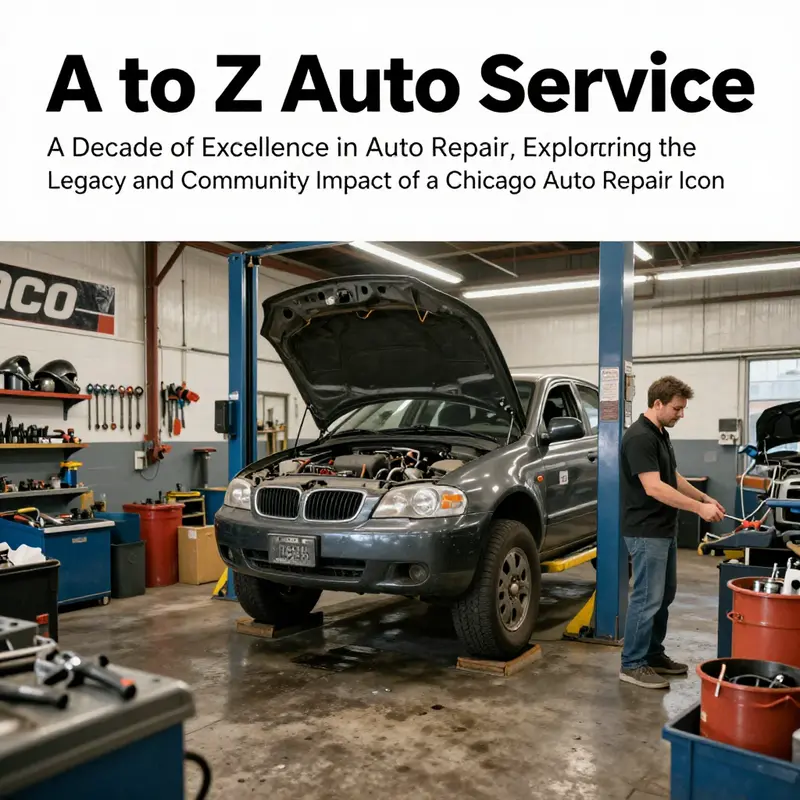 An illustrative view of a bustling auto repair industry in Chicago, featuring tools and happy customers.