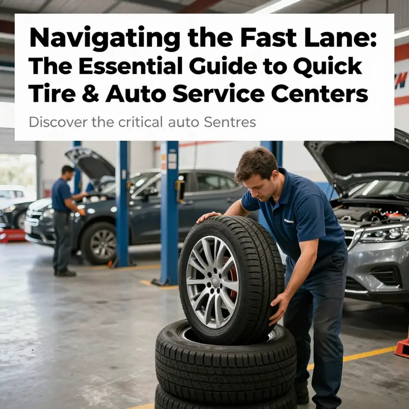 An active tire and auto service center with technicians collaborating on various vehicle repairs.