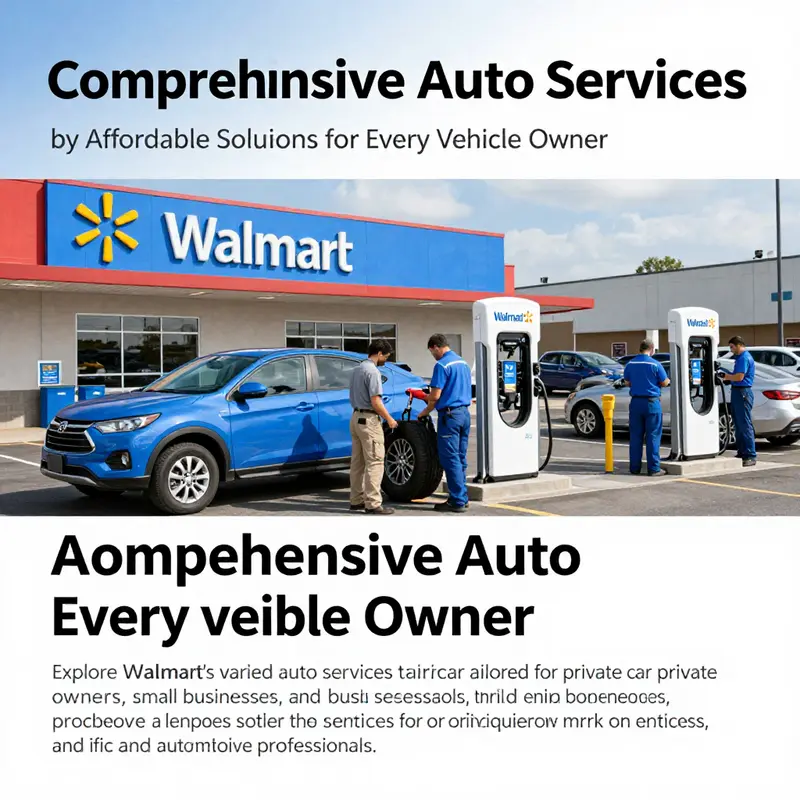 Various auto services being performed at Walmart, including oil changes, tire service, and EV charging.