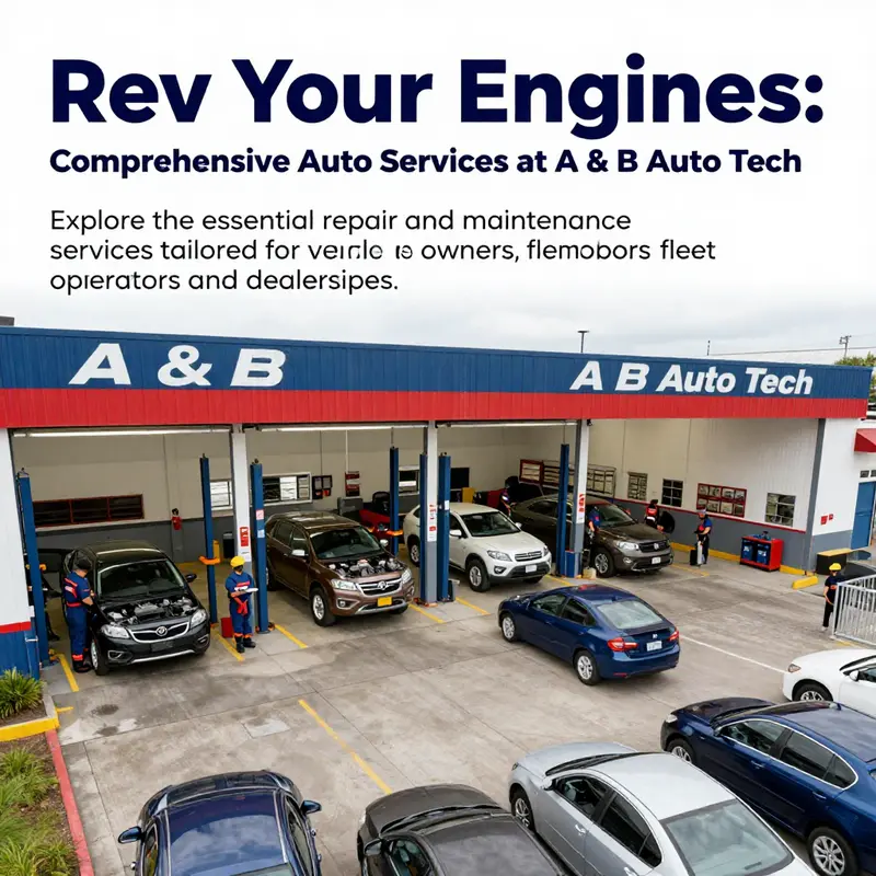 Exterior view of A & B Auto Tech, showcasing mechanics at work on various vehicles.