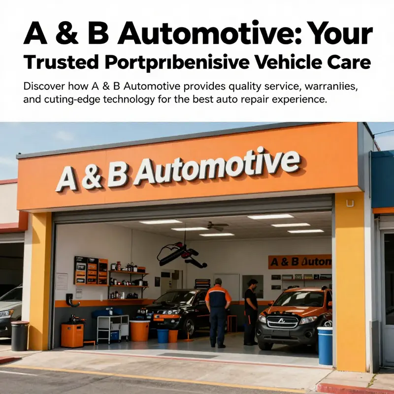 Exterior view of A & B Automotive shop with technicians engaged in various tasks, representing dependable auto services.