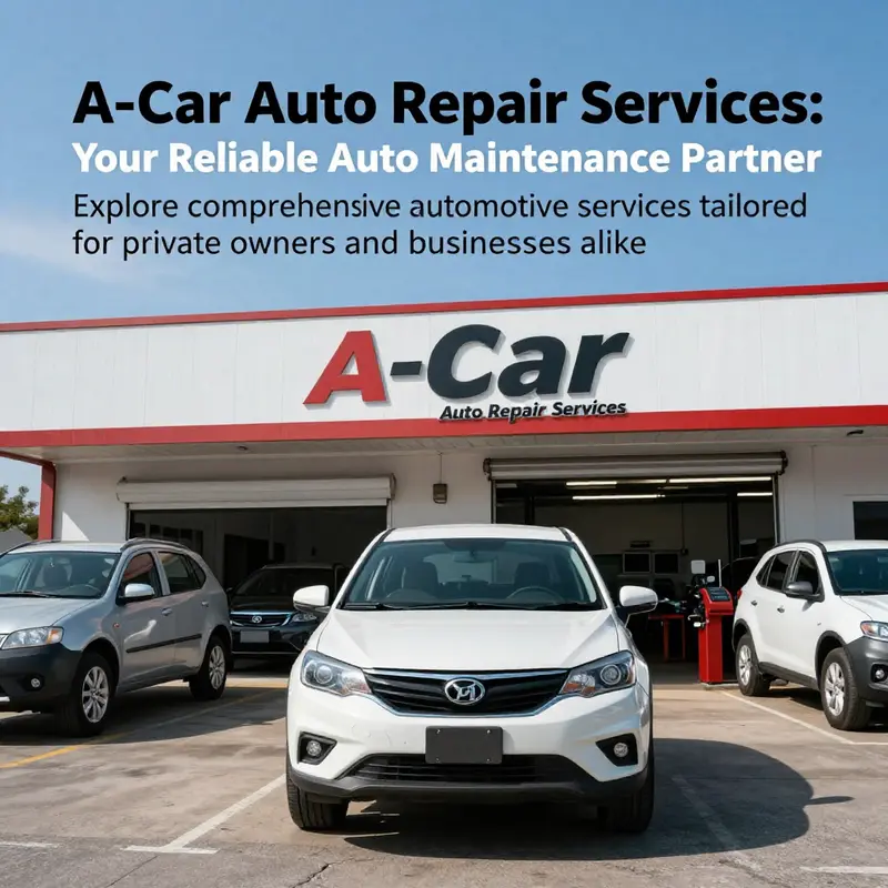 A panoramic view of A-Car Auto Repair Services showcasing vehicles and service activities in a professional setting.