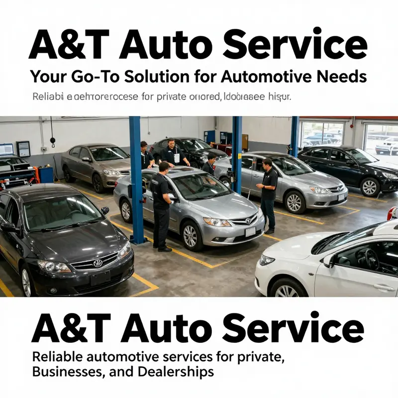 A panoramic view of A&T Auto Service with technicians and cars in the foreground, indicating a busy and productive environment.