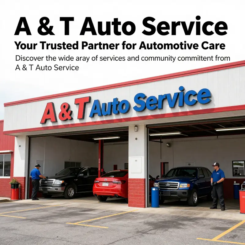 A panoramic view of A & T Auto Service showing the facility and employees engaged in automotive service.