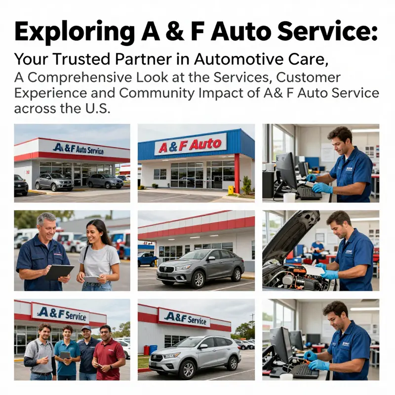 Collage of A & F Auto Service locations, technicians, and satisfied customers.