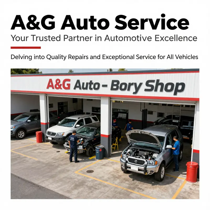 A busy A&G Auto Service Body Shop with technicians attending to multiple vehicles in a vibrant setting.