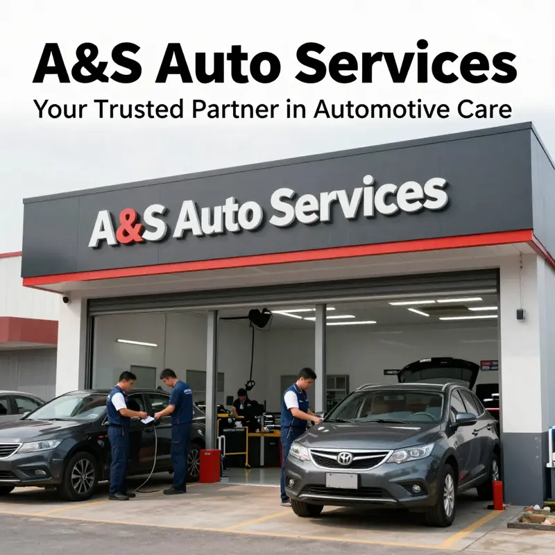 An image showcasing the A&S Auto Services logo with active technicians and friendly customer interactions.