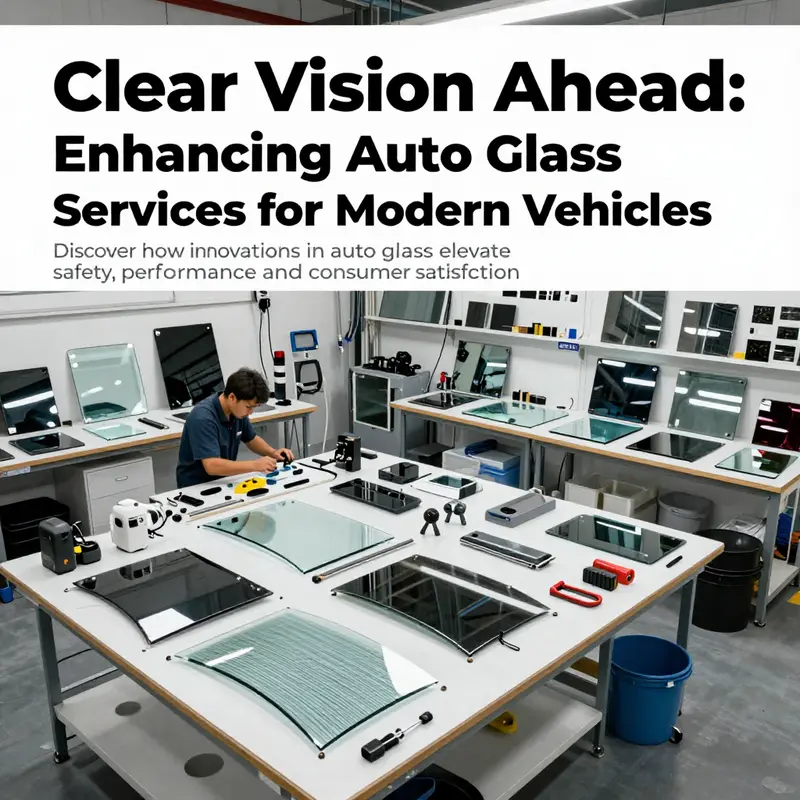 Wide shot of an auto glass service shop with technicians working on different vehicle glass types.
