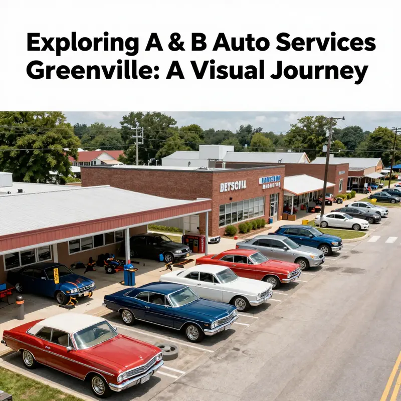 Panoramic view of Greenville's automotive landscape featuring various services and vintage cars.
