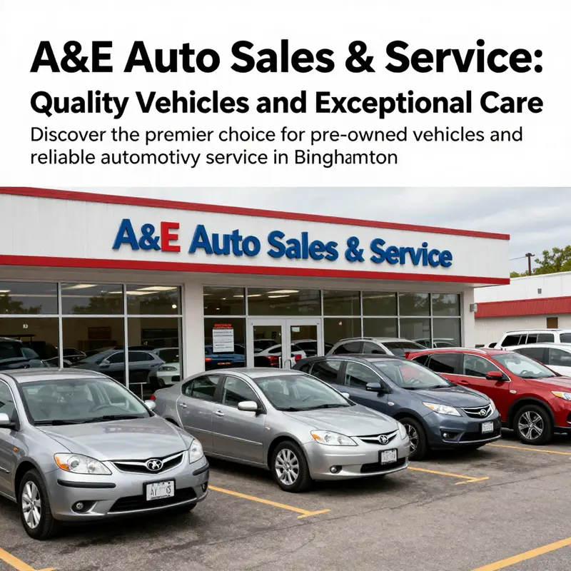 A lively dealership scene at A&E Auto Sales & Service, showcasing a variety of vehicles and emphasizing customer satisfaction.