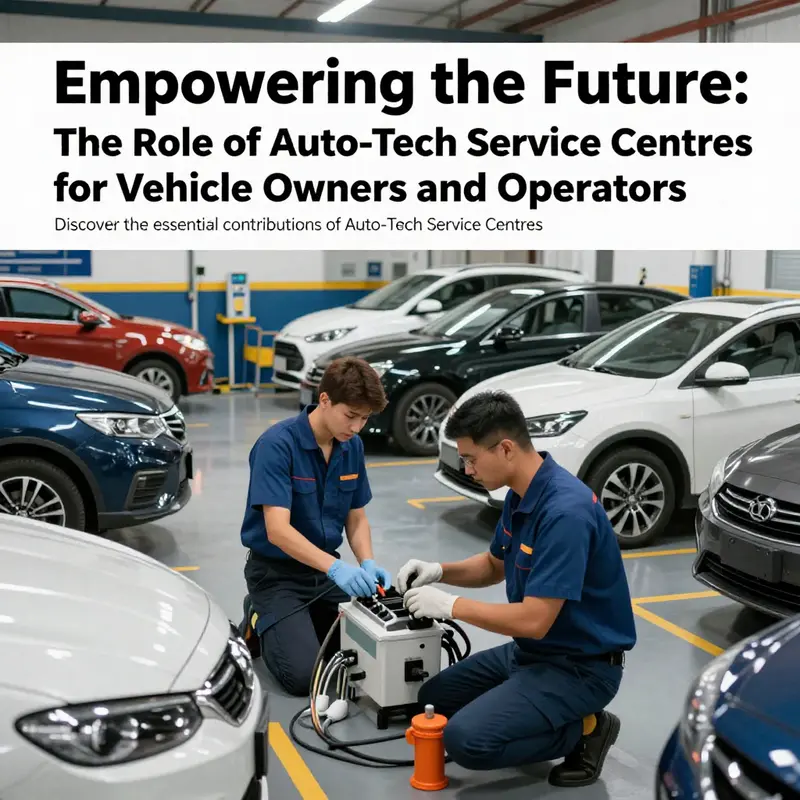 A busy Auto-Tech Service Centre with technicians and vehicles, illustrating the modern automotive service environment.