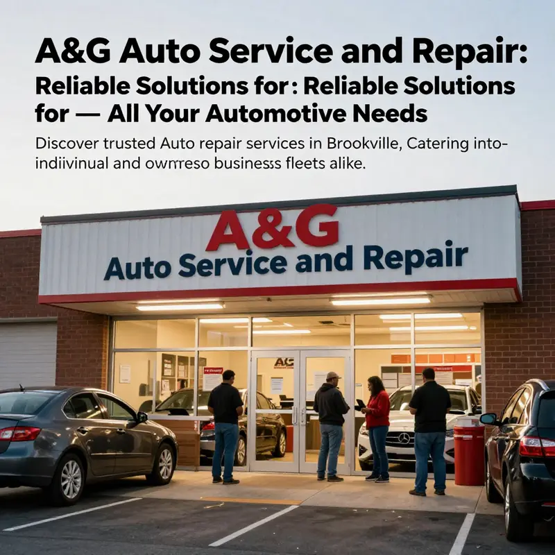 A vibrant exterior of A&G Auto Service and Repair showing customers being serviced at the entrance.
