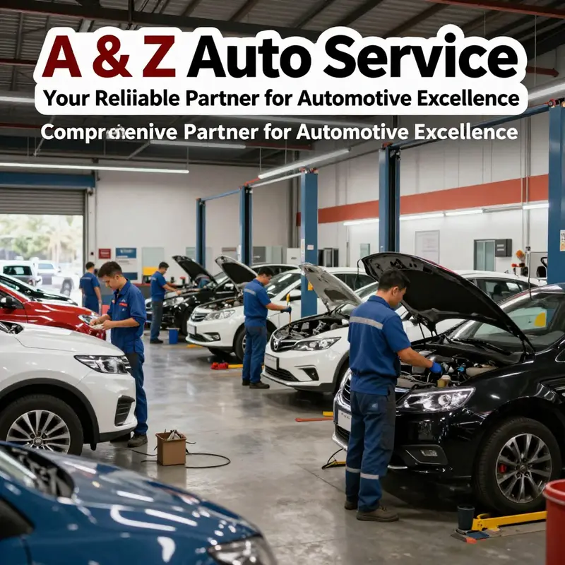 An auto service center bustling with activity as mechanics work on multiple vehicles.