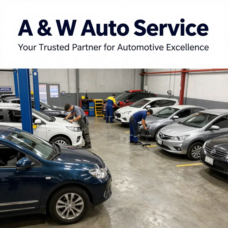 Vehicles in a bright A & W Auto Service garage with engaged technicians.