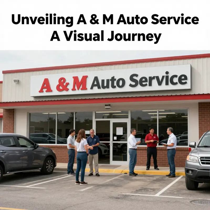 A clear photograph of the exterior of A & M Auto Service, featuring signage and customer interactions.