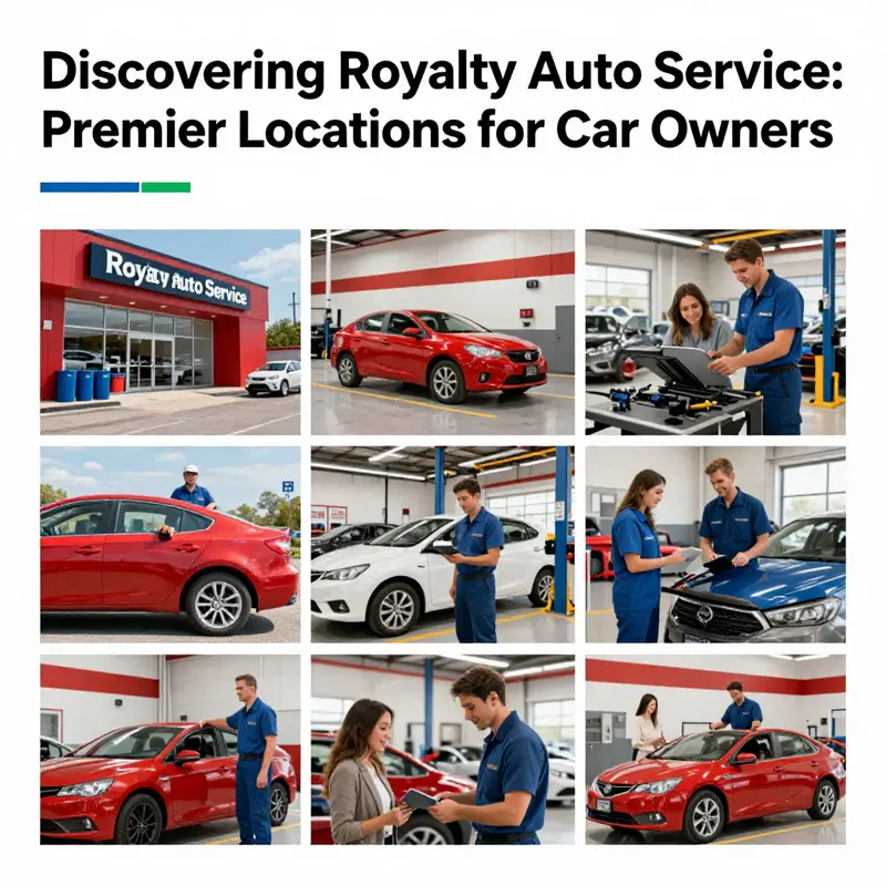 A collage featuring Royalty Auto Service locations, showcasing happy customers and mechanics, highlighting the brand's commitment to service quality.