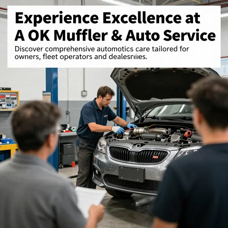 A overview shot of A OK Muffler & Auto Service with mechanics servicing vehicles and customers receiving assistance.
