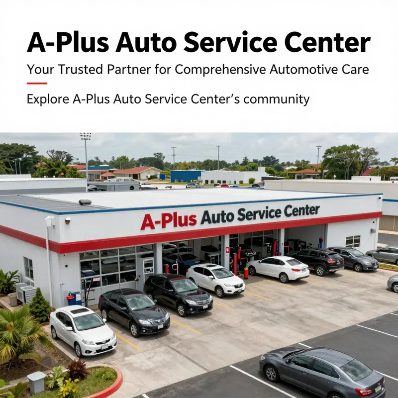 Wide-angle view of A-Plus Auto Service Center, highlighting its facilities and active service environment.