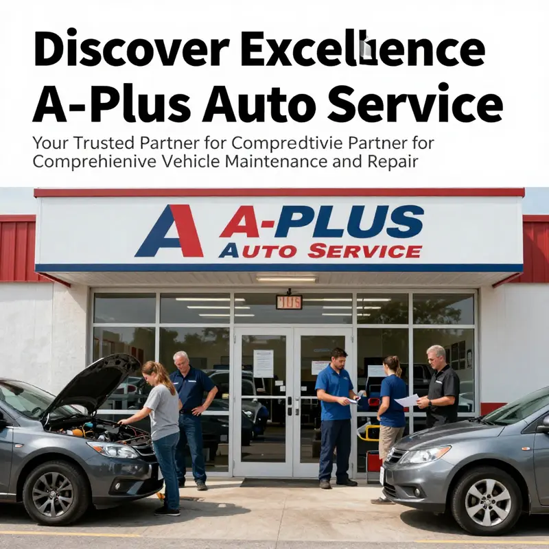 Entrance of A-Plus Auto Service, illustrating a busy scene with customers and technicians engaged in automotive care.