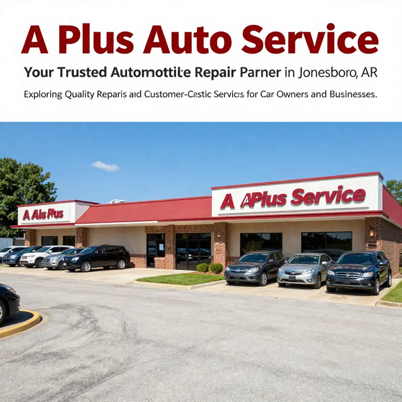 Panoramic image depicting the exterior of both A Plus Auto Service locations in Jonesboro, Arkansas.