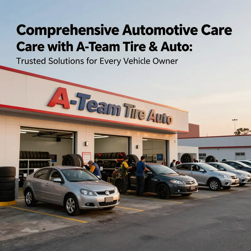 Exterior scene of an automotive service center with vehicles, technicians, and tire racks visible at sunset.