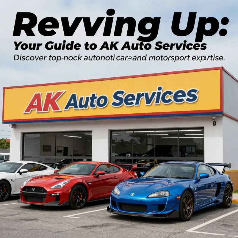 A comprehensive view of AK Auto Services with various vehicles and a bright blue sky in the background.
