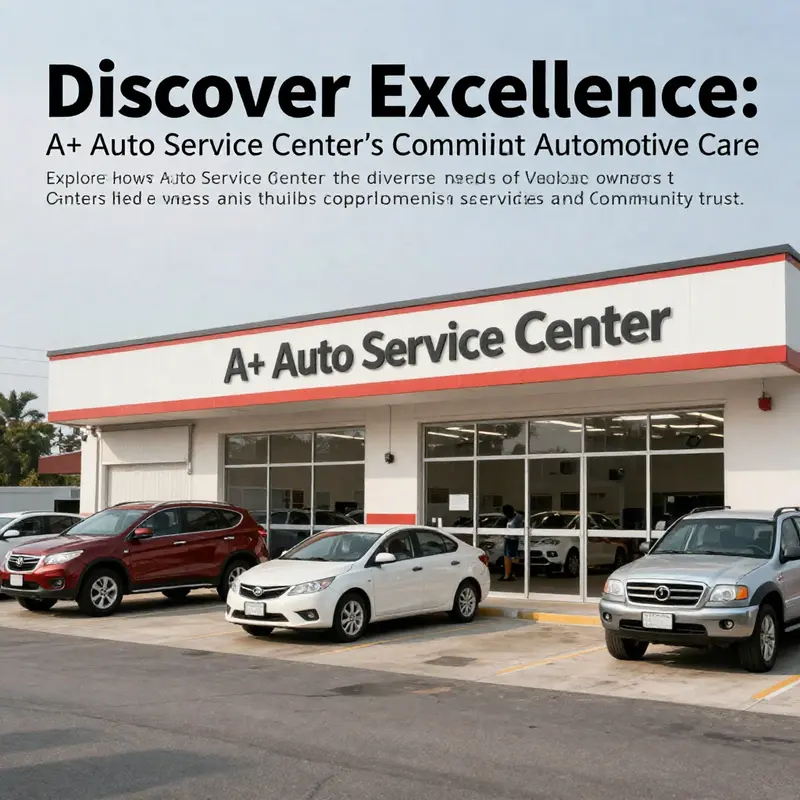 A detailed view of A+ Auto Service Center with technicians working on vehicles, emphasizing a welcoming and professional atmosphere.