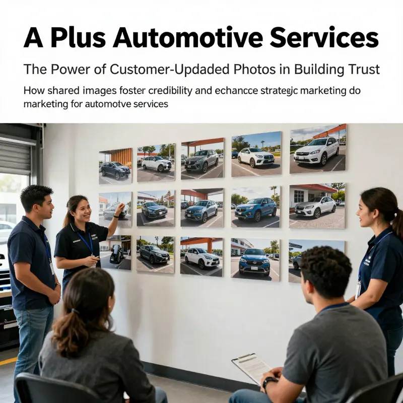 A collage of customer-uploaded photos exhibited in an auto service shop demonstrating client trust and satisfaction.