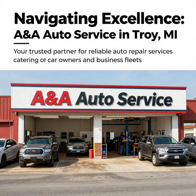A vibrant storefront of A&A Auto Service with busy technicians and well-maintained vehicles.