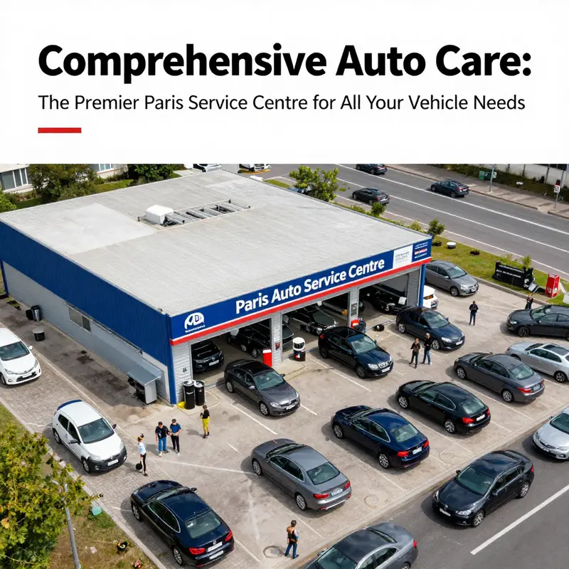 Aerial view of a lively Paris auto service centre featuring various cars in maintenance and customers visiting.