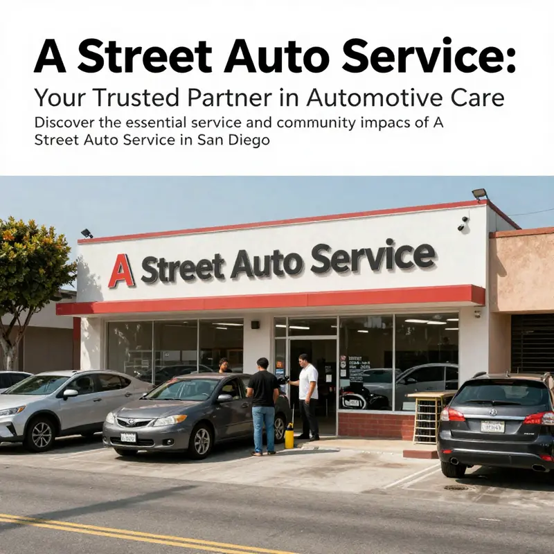 Exterior shot of A Street Auto Service in downtown San Diego, with cars and customers creating a vibrant atmosphere.