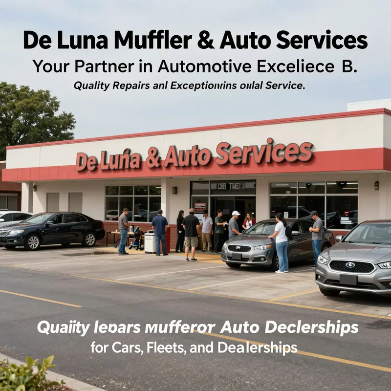 Exterior view of De Luna Muffler & Auto Services showcasing customer activity.