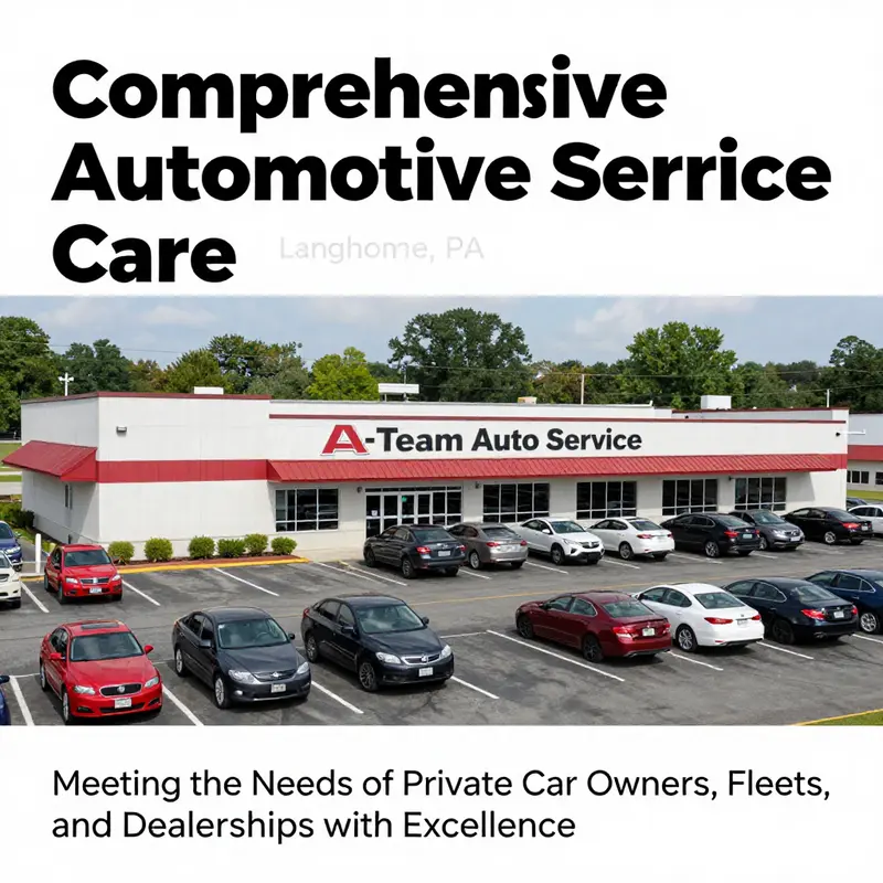 Panoramic view of A-Team Auto Service facility showing a bustling environment with various vehicles and the service team.