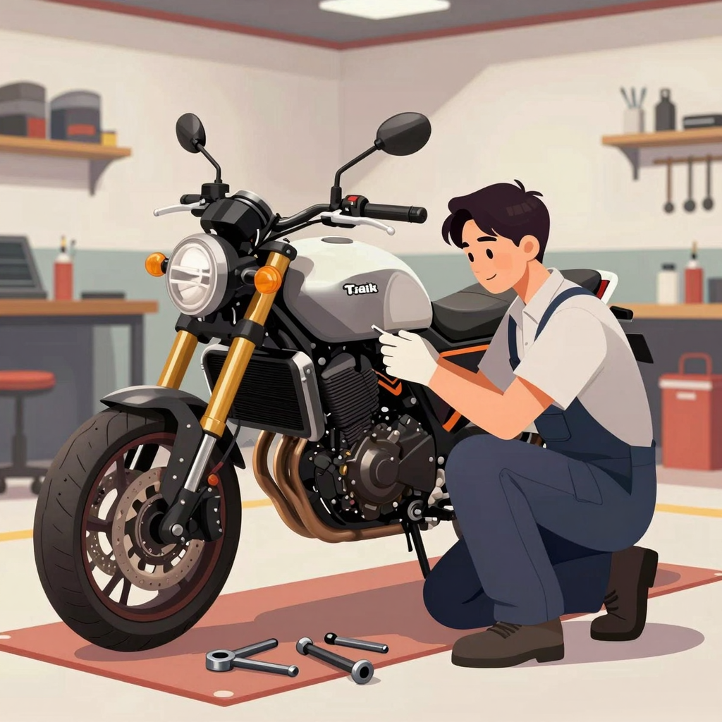 Motorcycle being serviced in a professional environment