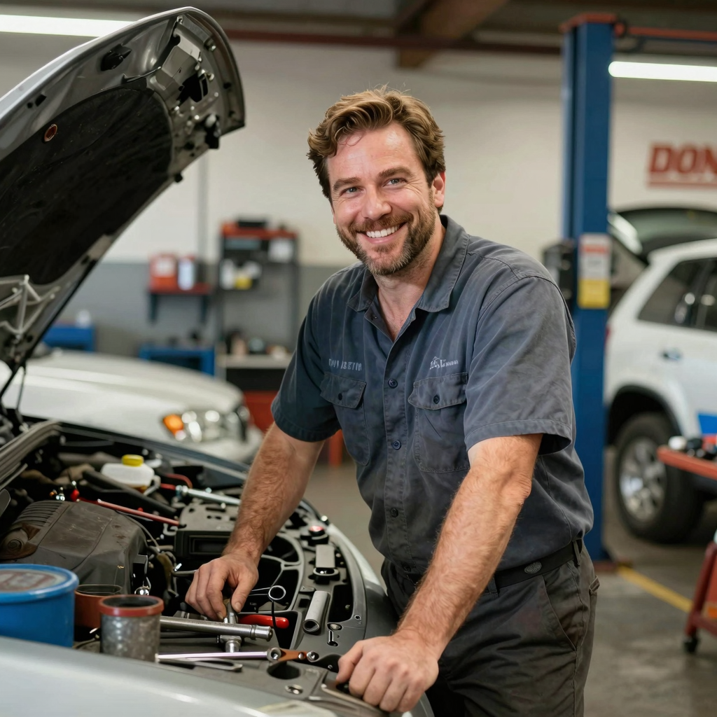 Mechanic at work in a friendly auto service shop